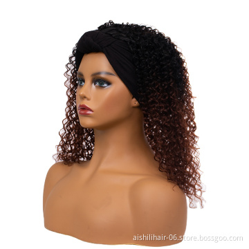 Wholesale Ombre Black To Dark Brown Synthetic Kinky Curly Hair Wigs With Headband For Women